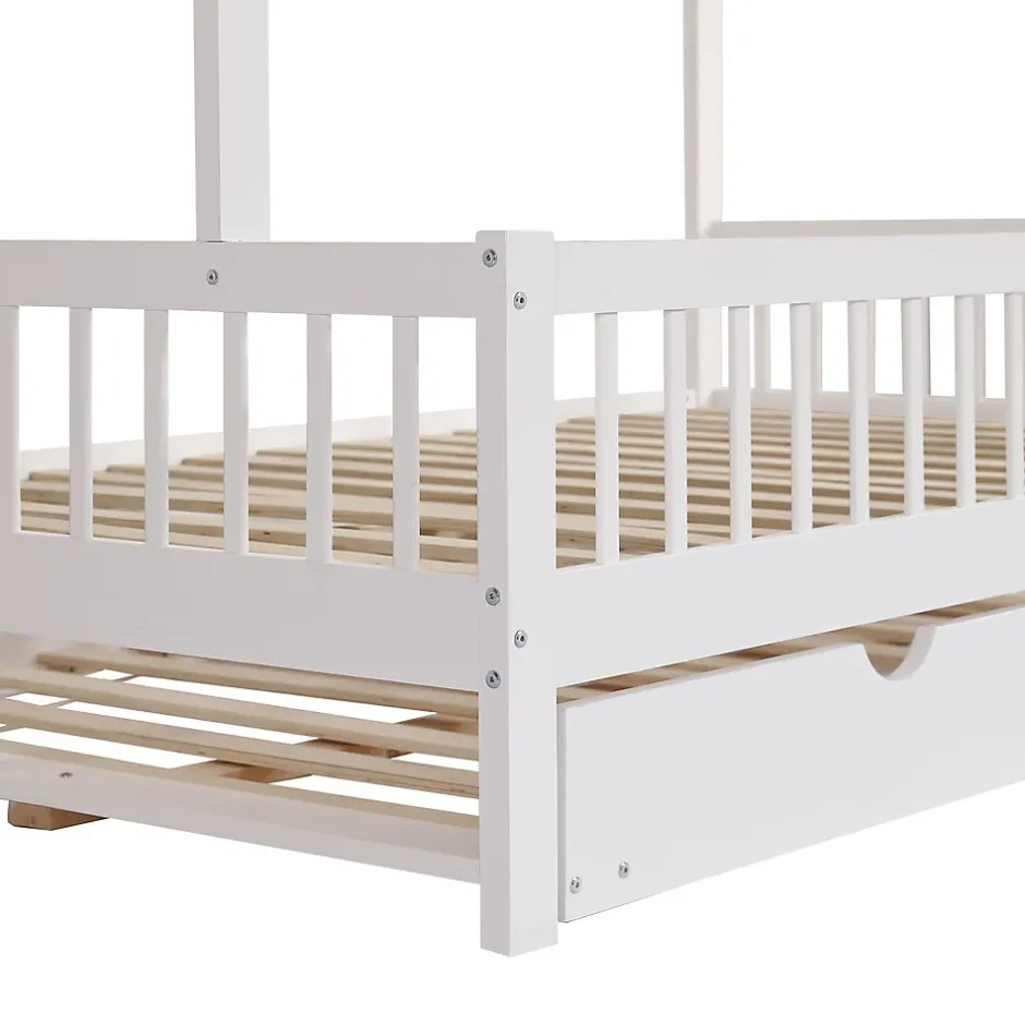 Okwish Lit Gigogne 120x200 cm Cabane enfant avec Tiroirs Rangement, Toit Cheminée, Protection Anti-Chute, Bois, Blanc, Sans Matelas