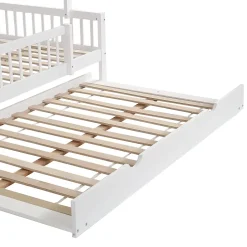 Okwish Lit Gigogne 120x200 cm Cabane enfant avec Tiroirs Rangement, Toit Cheminée, Protection Anti-Chute, Bois, Blanc, Sans Matelas