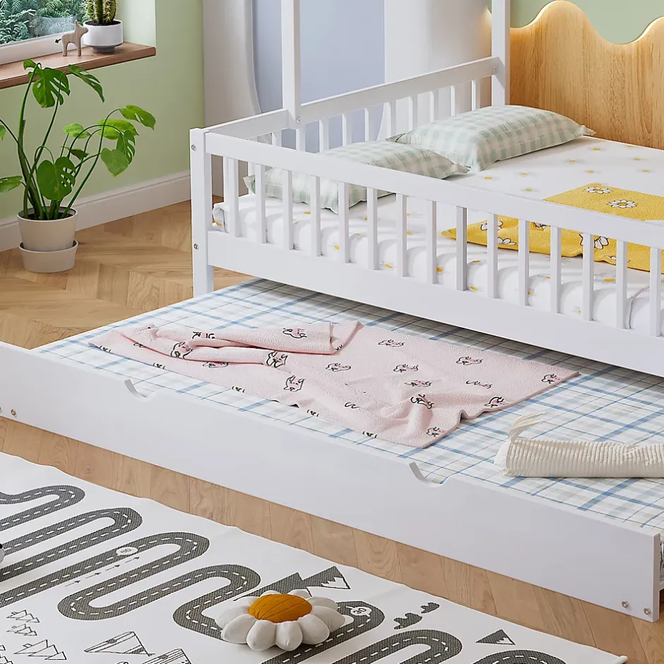 Okwish Lit Gigogne 120x200 cm Cabane enfant avec Tiroirs Rangement, Toit Cheminée, Protection Anti-Chute, Bois, Blanc, Sans Matelas