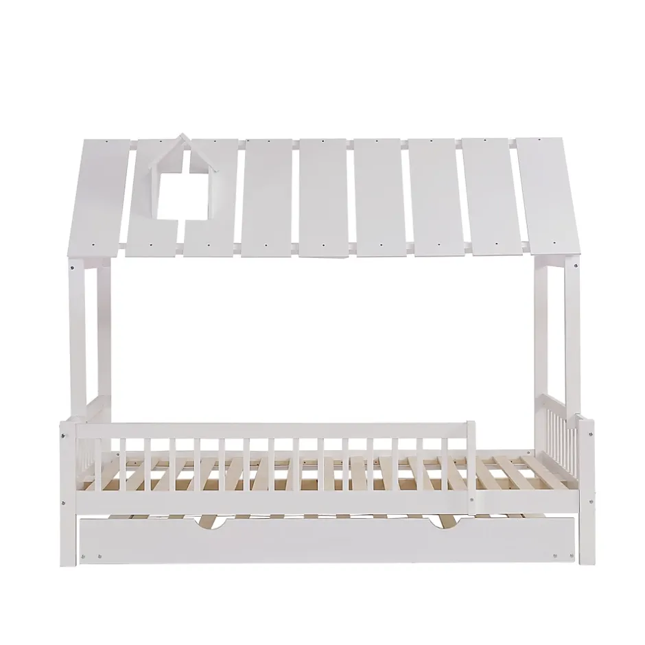 Okwish Lit Gigogne 120x200 cm Cabane enfant avec Tiroirs Rangement, Toit Cheminée, Protection Anti-Chute, Bois, Blanc, Sans Matelas