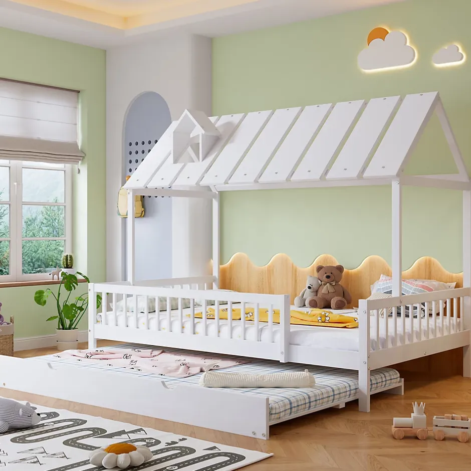 Okwish Lit Gigogne 120x200 cm Cabane enfant avec Tiroirs Rangement, Toit Cheminée, Protection Anti-Chute, Bois, Blanc, Sans Matelas