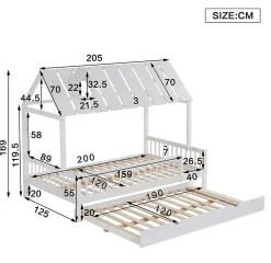 Okwish Lit Gigogne 120x200 cm Cabane enfant avec Tiroirs Rangement, Toit Cheminée, Protection Anti-Chute, Bois, Blanc, Sans Matelas