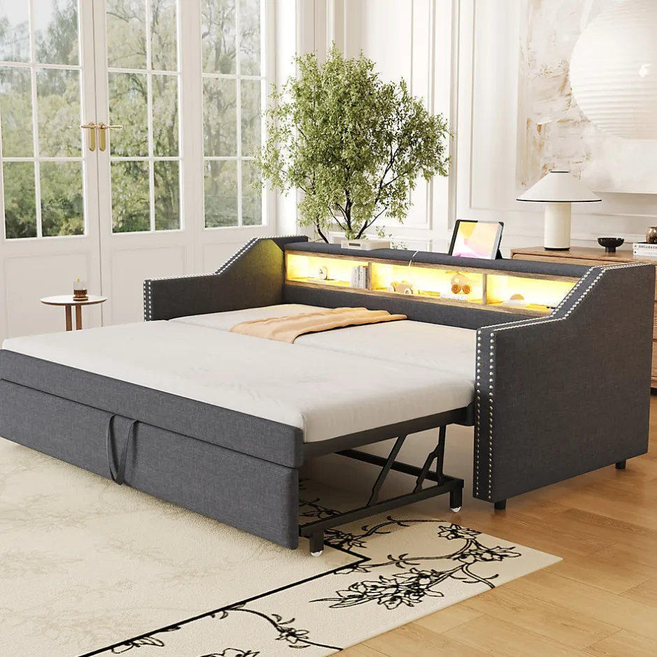 Okwish Lit Gigogne 90/180x190 cm capitonné - avec Led, Usb et Rangement, Sans Matelas, en Tissu Gris Foncé