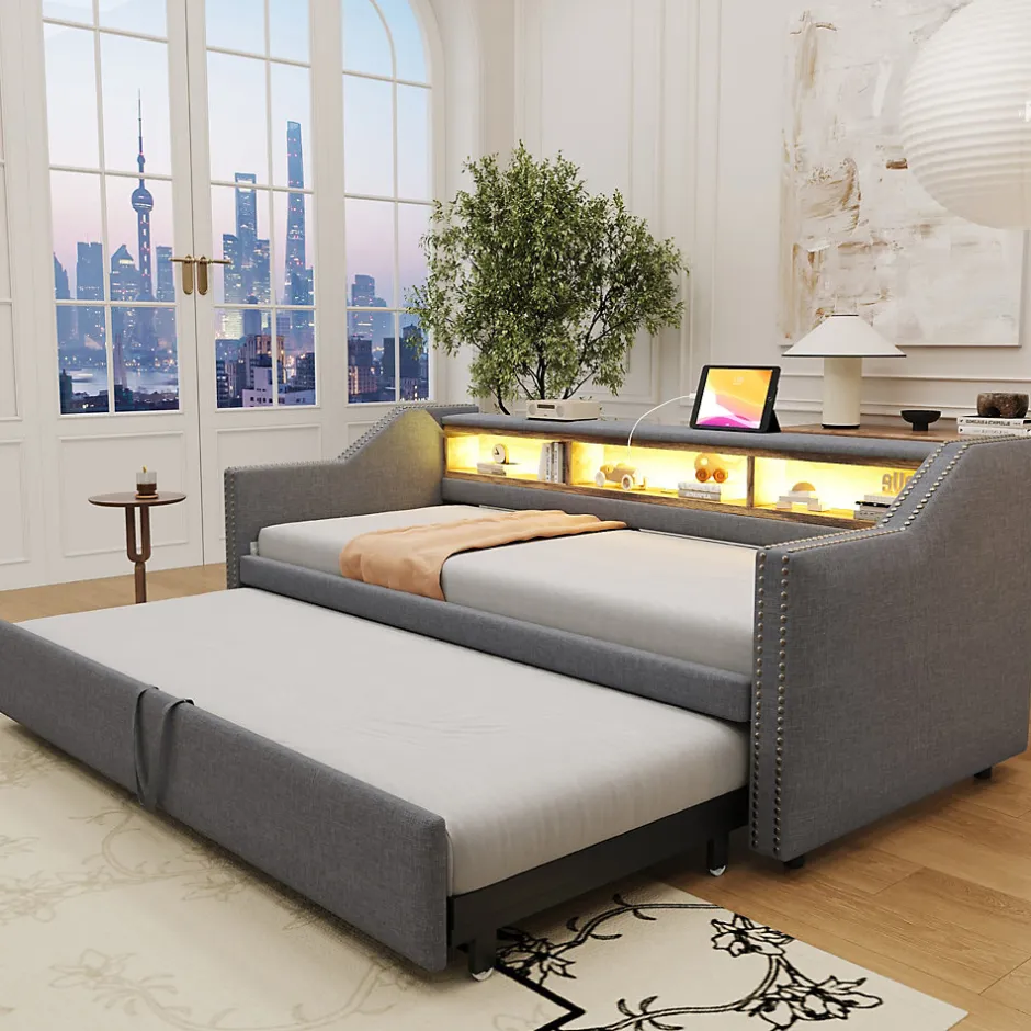 Okwish Lit Gigogne 90/180x190 cm capitonné - avec Led, Usb et Rangement, Sans Matelas, en Tissu Gris Foncé