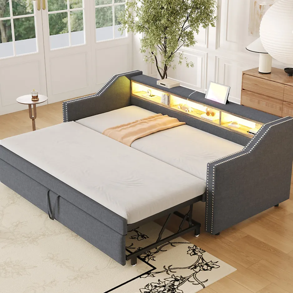 Okwish Lit Gigogne 90/180x190 cm capitonné - avec Led, Usb et Rangement, Sans Matelas, en Tissu Gris Foncé