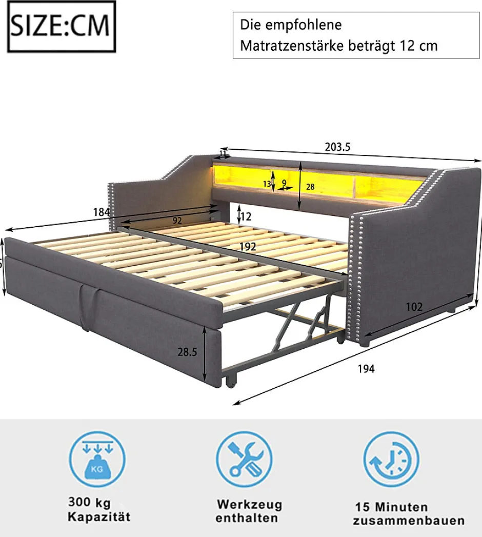 Okwish Lit Gigogne 90/180x190 cm capitonné - avec Led, Usb et Rangement, Sans Matelas, en Tissu Gris Foncé