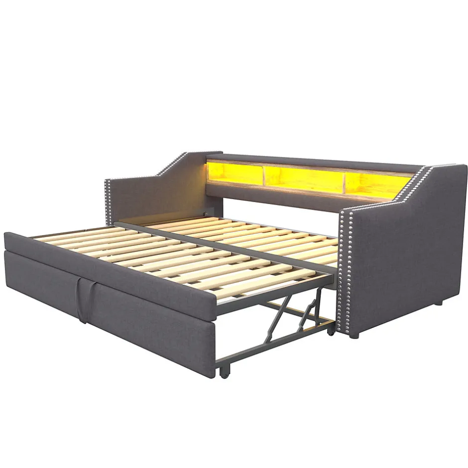Okwish Lit Gigogne 90/180x190 cm capitonné - avec Led, Usb et Rangement, Sans Matelas, en Tissu Gris Foncé