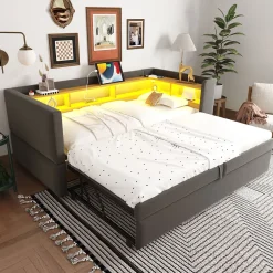 Okwish Lit gigogne 90/180x190 cm capitonné avec tiroirs, espaces de rangement, éclairage LED et prises intégrées - gris foncé