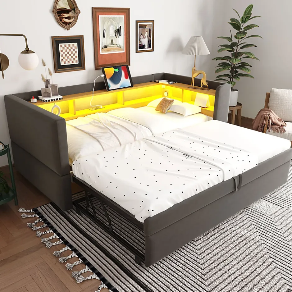 Okwish Lit gigogne 90/180x190 cm capitonné avec tiroirs, espaces de rangement, éclairage LED et prises intégrées - gris foncé