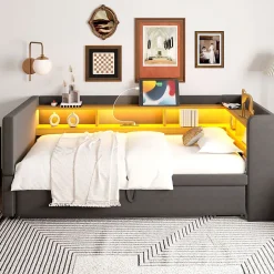 Okwish Lit gigogne 90/180x190 cm capitonné avec tiroirs, espaces de rangement, éclairage LED et prises intégrées - gris foncé