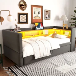 Okwish Lit gigogne 90/180x190 cm capitonné avec tiroirs, espaces de rangement, éclairage LED et prises intégrées - gris foncé