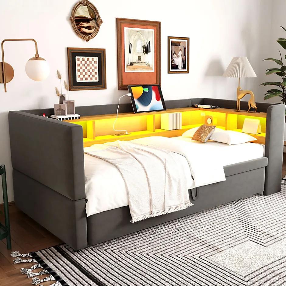 Okwish Lit gigogne 90/180x190 cm capitonné avec tiroirs, espaces de rangement, éclairage LED et prises intégrées - gris foncé