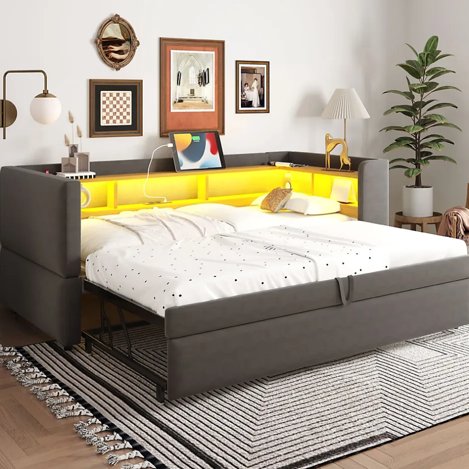Okwish Lit gigogne 90/180x190 cm capitonné avec tiroirs, espaces de rangement, éclairage LED et prises intégrées - gris foncé