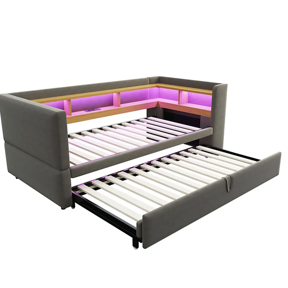 Okwish Lit gigogne 90/180x190 cm capitonné avec tiroirs, espaces de rangement, éclairage LED et prises intégrées - gris foncé