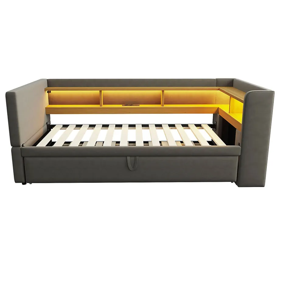 Okwish Lit gigogne 90/180x190 cm capitonné avec tiroirs, espaces de rangement, éclairage LED et prises intégrées - gris foncé