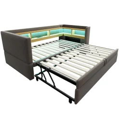 Okwish Lit gigogne 90/180x190 cm capitonné avec tiroirs, espaces de rangement, éclairage LED et prises intégrées - gris foncé