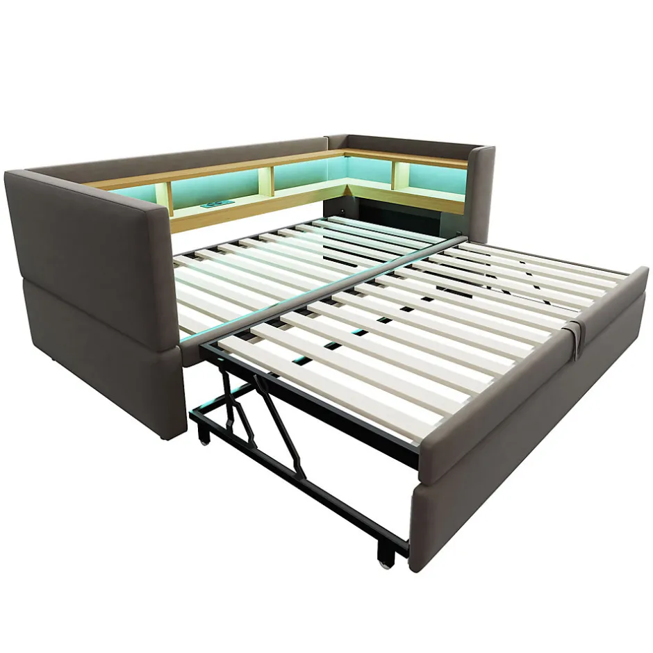 Okwish Lit gigogne 90/180x190 cm capitonné avec tiroirs, espaces de rangement, éclairage LED et prises intégrées - gris foncé