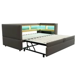 Okwish Lit gigogne 90/180x190 cm capitonné avec tiroirs, espaces de rangement, éclairage LED et prises intégrées - gris foncé