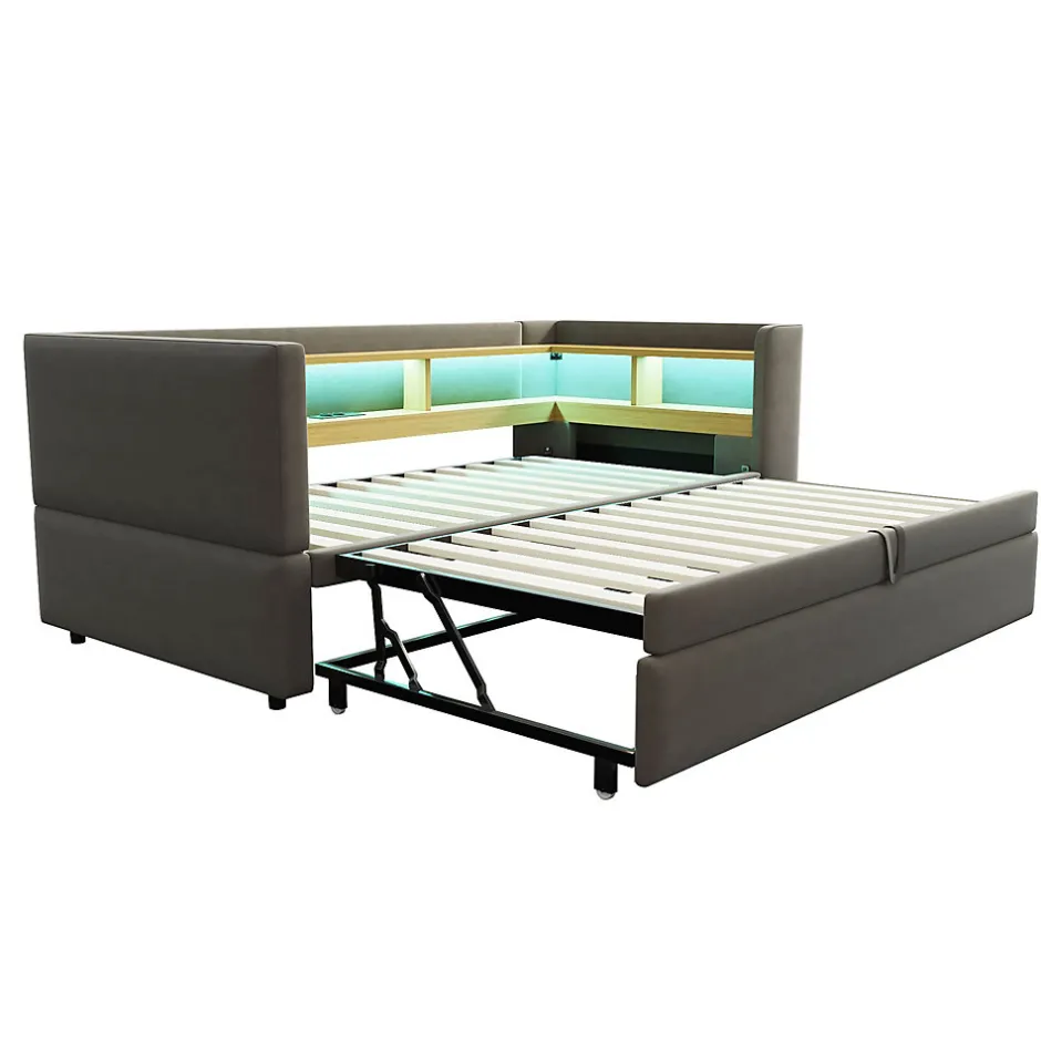 Okwish Lit gigogne 90/180x190 cm capitonné avec tiroirs, espaces de rangement, éclairage LED et prises intégrées - gris foncé