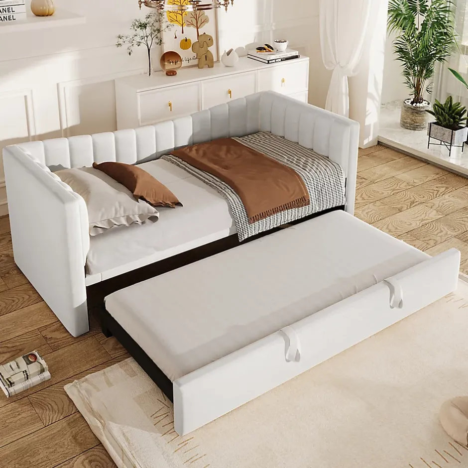 Okwish Lit gigogne 90x200 cm capitonné extensible 180x200 cm avec tiroir et sommier - 2 couchages - velours blanc - sans matelas Clearance