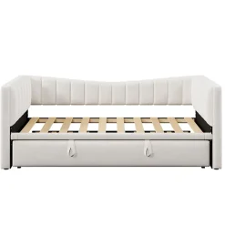 Okwish Lit gigogne 90x200 cm capitonné extensible 180x200 cm avec tiroir et sommier - 2 couchages - velours blanc - sans matelas Clearance