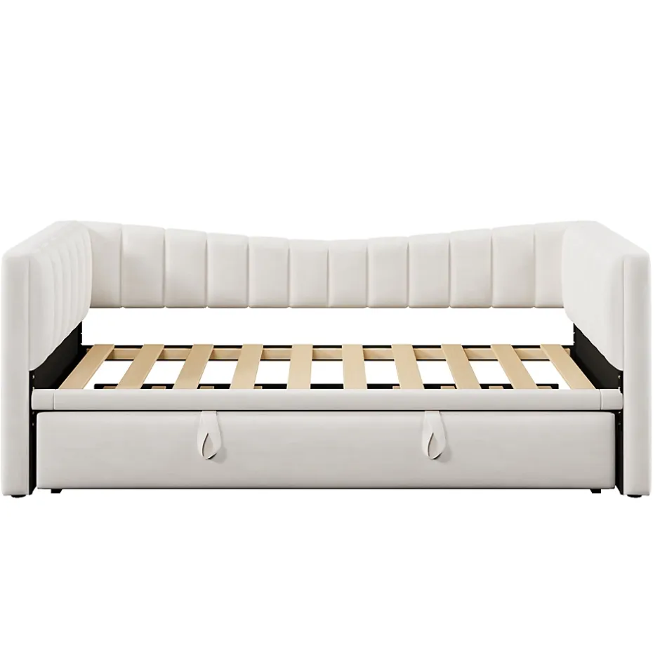 Okwish Lit gigogne 90x200 cm capitonné extensible 180x200 cm avec tiroir et sommier - 2 couchages - velours blanc - sans matelas Clearance