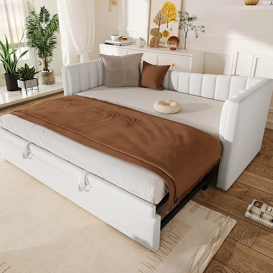 Okwish Lit gigogne 90x200 cm capitonné extensible 180x200 cm avec tiroir et sommier - 2 couchages - velours blanc - sans matelas Clearance