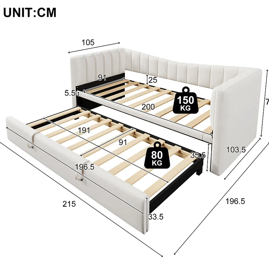 Okwish Lit gigogne 90x200 cm capitonné extensible 180x200 cm avec tiroir et sommier - 2 couchages - velours blanc - sans matelas Clearance