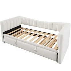 Okwish Lit gigogne 90x200 cm capitonné extensible 180x200 cm avec tiroir et sommier - 2 couchages - velours blanc - sans matelas Clearance