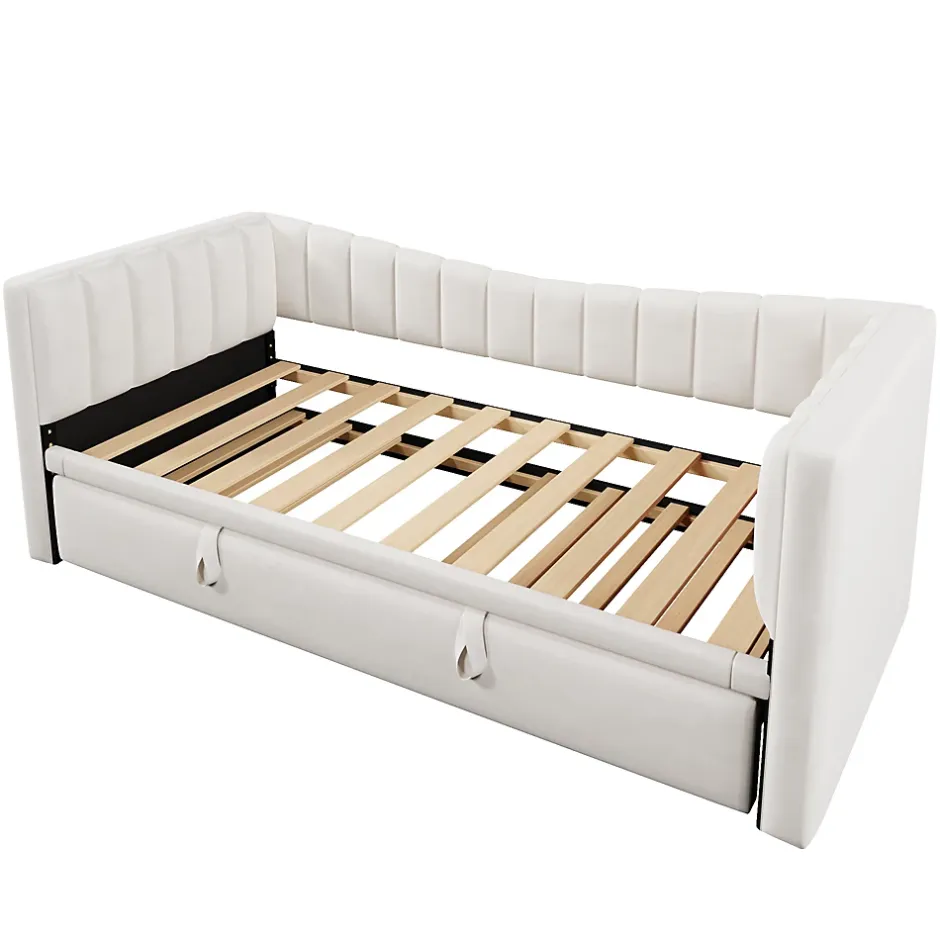 Okwish Lit gigogne 90x200 cm capitonné extensible 180x200 cm avec tiroir et sommier - 2 couchages - velours blanc - sans matelas Clearance