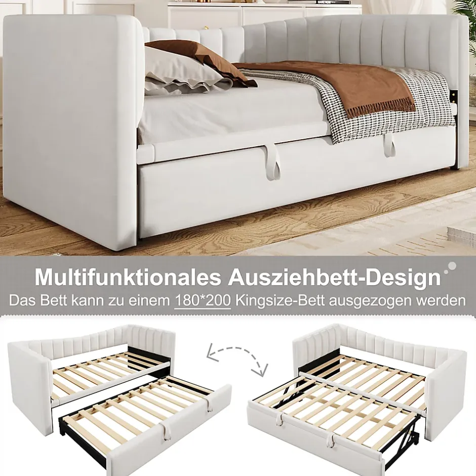 Okwish Lit gigogne 90x200 cm capitonné extensible 180x200 cm avec tiroir et sommier - 2 couchages - velours blanc - sans matelas Clearance