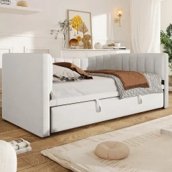 Okwish Lit gigogne 90x200 cm capitonné extensible 180x200 cm avec tiroir et sommier - 2 couchages - velours blanc - sans matelas Clearance
