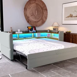 Okwish Lit Gigogne 90/180x190 cm Convertible avec LED et Prise USB, Rangement sous le Lit, Tissu Flanelle Gris Clair, Sans Matelas