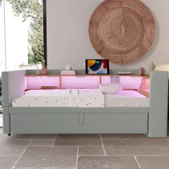 Okwish Lit Gigogne 90/180x190 cm Convertible avec LED et Prise USB, Rangement sous le Lit, Tissu Flanelle Gris Clair, Sans Matelas