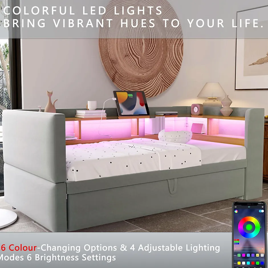 Okwish Lit Gigogne 90/180x190 cm Convertible avec LED et Prise USB, Rangement sous le Lit, Tissu Flanelle Gris Clair, Sans Matelas