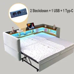 Okwish Lit Gigogne 90/180x190 cm Convertible avec LED et Prise USB, Rangement sous le Lit, Tissu Flanelle Gris Clair, Sans Matelas