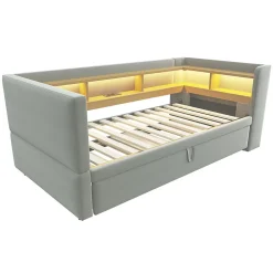 Okwish Lit Gigogne 90/180x190 cm Convertible avec LED et Prise USB, Rangement sous le Lit, Tissu Flanelle Gris Clair, Sans Matelas