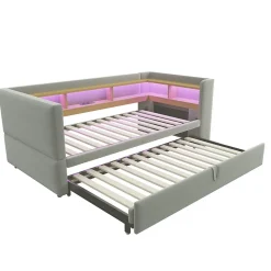 Okwish Lit Gigogne 90/180x190 cm Convertible avec LED et Prise USB, Rangement sous le Lit, Tissu Flanelle Gris Clair, Sans Matelas