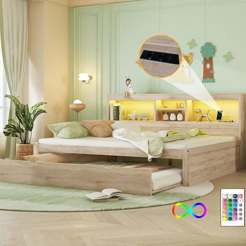 Okwish Lit gigogne 140x200 cm double avec tiroir coulissant, LED télécommandée, ports USB, prise électrique et rangement - bois naturel