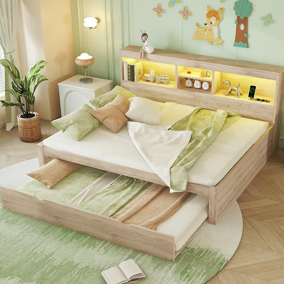 Okwish Lit gigogne 140x200 cm double avec tiroir coulissant, LED télécommandée, ports USB, prise électrique et rangement - bois naturel