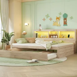 Okwish Lit gigogne 140x200 cm double avec tiroir coulissant, LED télécommandée, ports USB, prise électrique et rangement - bois naturel