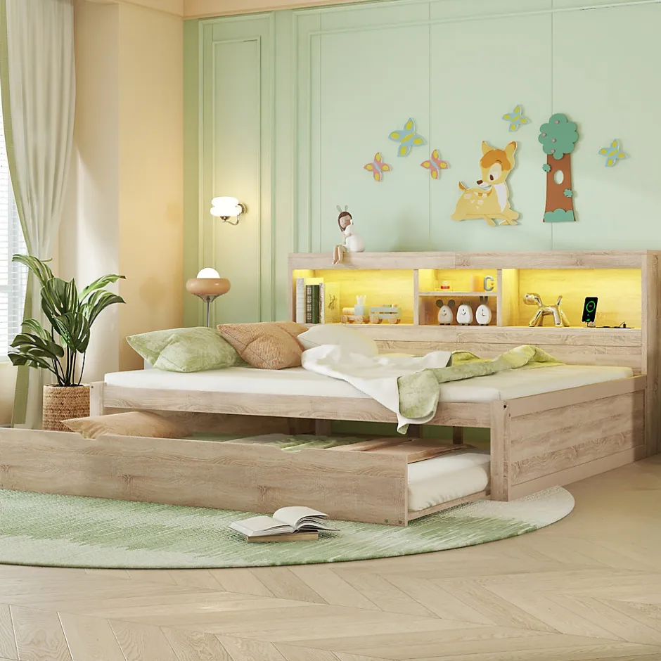 Okwish Lit gigogne 140x200 cm double avec tiroir coulissant, LED télécommandée, ports USB, prise électrique et rangement - bois naturel