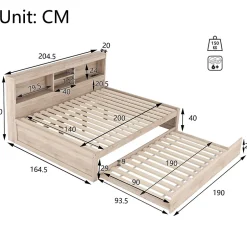 Okwish Lit gigogne 140x200 cm double avec tiroir coulissant, LED télécommandée, ports USB, prise électrique et rangement - bois naturel