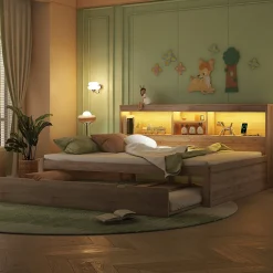 Okwish Lit gigogne 140x200 cm double avec tiroir coulissant, LED télécommandée, ports USB, prise électrique et rangement - bois naturel