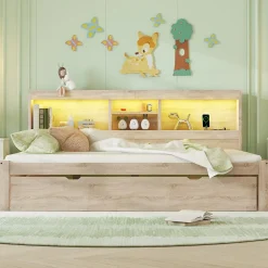 Okwish Lit gigogne 140x200 cm double avec tiroir coulissant, LED télécommandée, ports USB, prise électrique et rangement - bois naturel