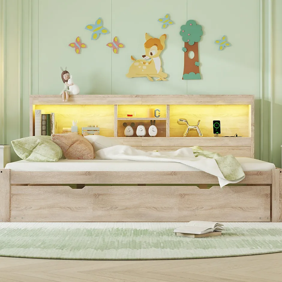 Okwish Lit gigogne 140x200 cm double avec tiroir coulissant, LED télécommandée, ports USB, prise électrique et rangement - bois naturel