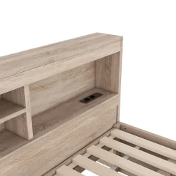Okwish Lit gigogne 140x200 cm double avec tiroir coulissant, LED télécommandée, ports USB, prise électrique et rangement - bois naturel