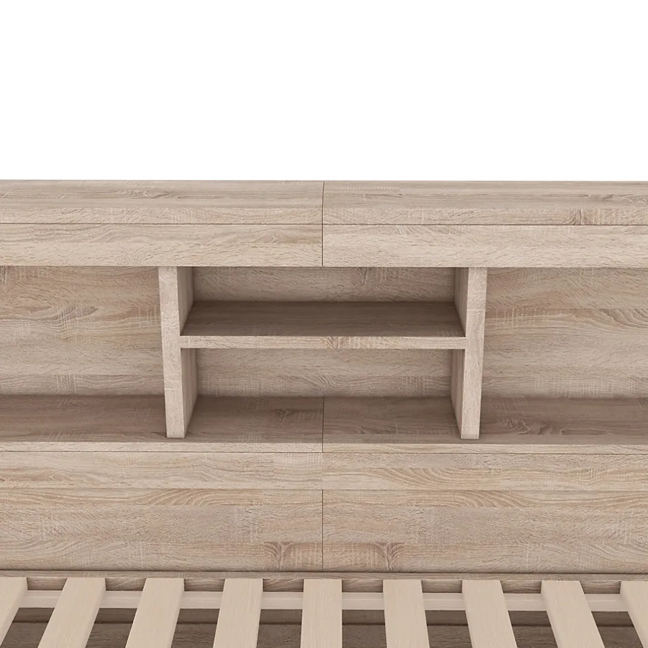 Okwish Lit gigogne 140x200 cm double avec tiroir coulissant, LED télécommandée, ports USB, prise électrique et rangement - bois naturel