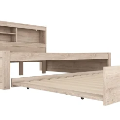 Okwish Lit gigogne 140x200 cm double avec tiroir coulissant, LED télécommandée, ports USB, prise électrique et rangement - bois naturel