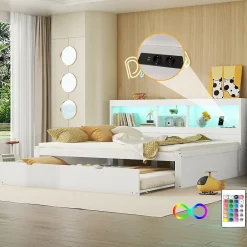 Okwish Lit gigogne 140x200 cm double avec tiroir coulissant, LED télécommandée, ports USB, prise électrique et rangement - blanc